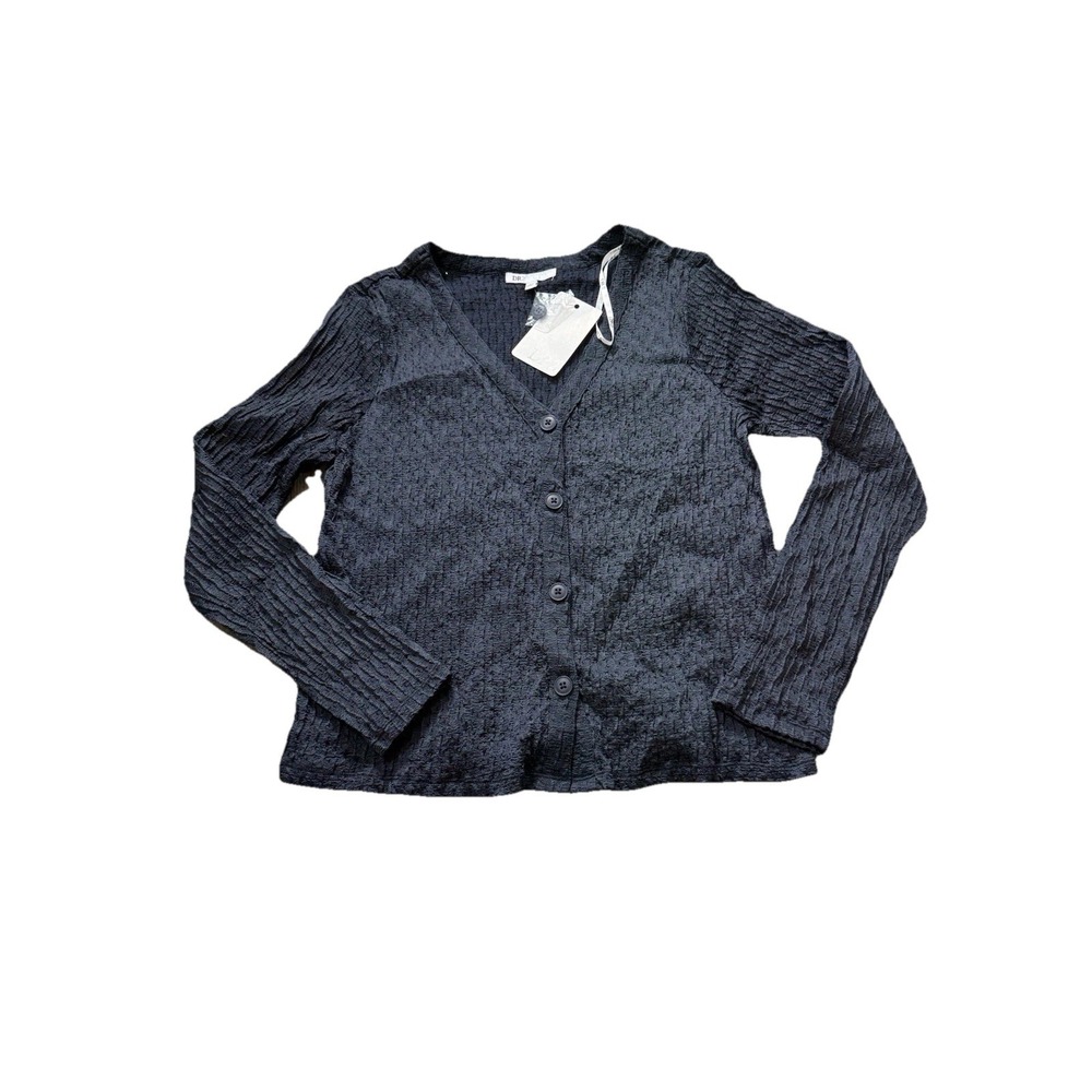 DR2 Navy Long Sleeve V Neck Button Down Textured‎ Old Money Whimsical Large NWT
